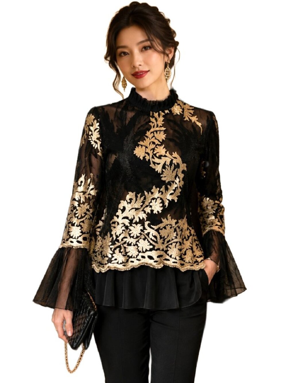 BARELLI Embroidered Layered Sheer Black Mesh Bell Sleeve Ruffle Neck Top Sz 10